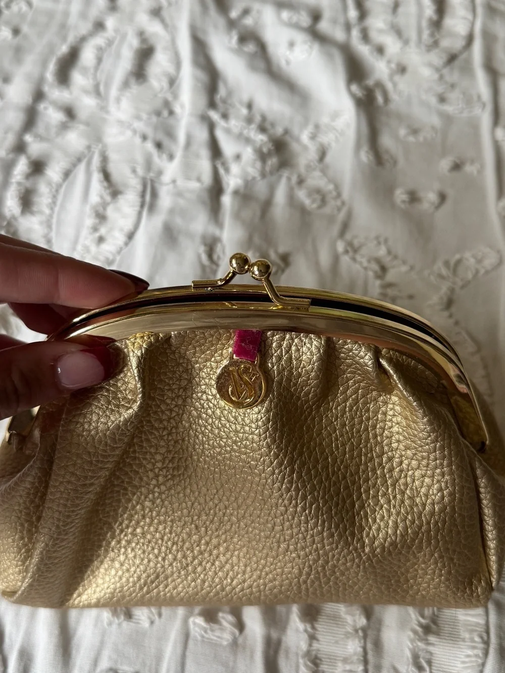 Victoria's Secret Gold Metallic Kiss-Lock Clutch with Pink Tab